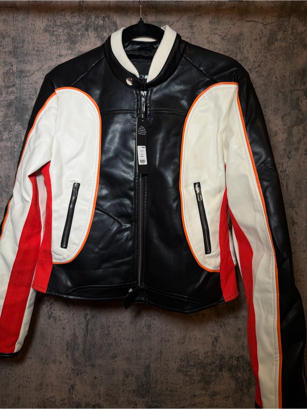 Women’s Black Leather Racing Jacket with White & Red Panels